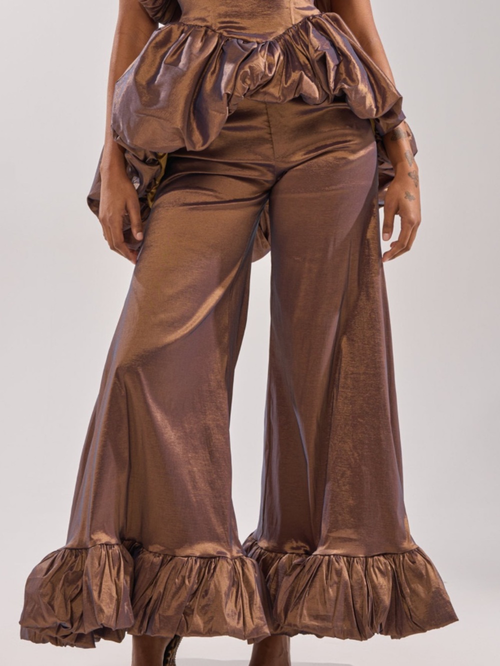 AKIRA Metallic Brown Wide-Leg Ruffle Hem Jumpsuit